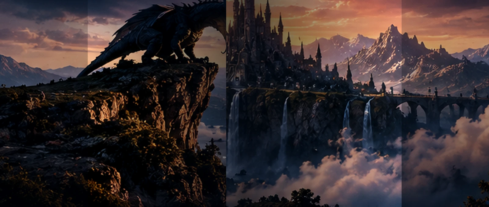 A cinematic fantasy landscape with a dragon, distant castle, mountains, and waterfalls.